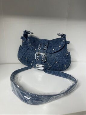 Blue Denim Shoulder Bag with Silver Hardware